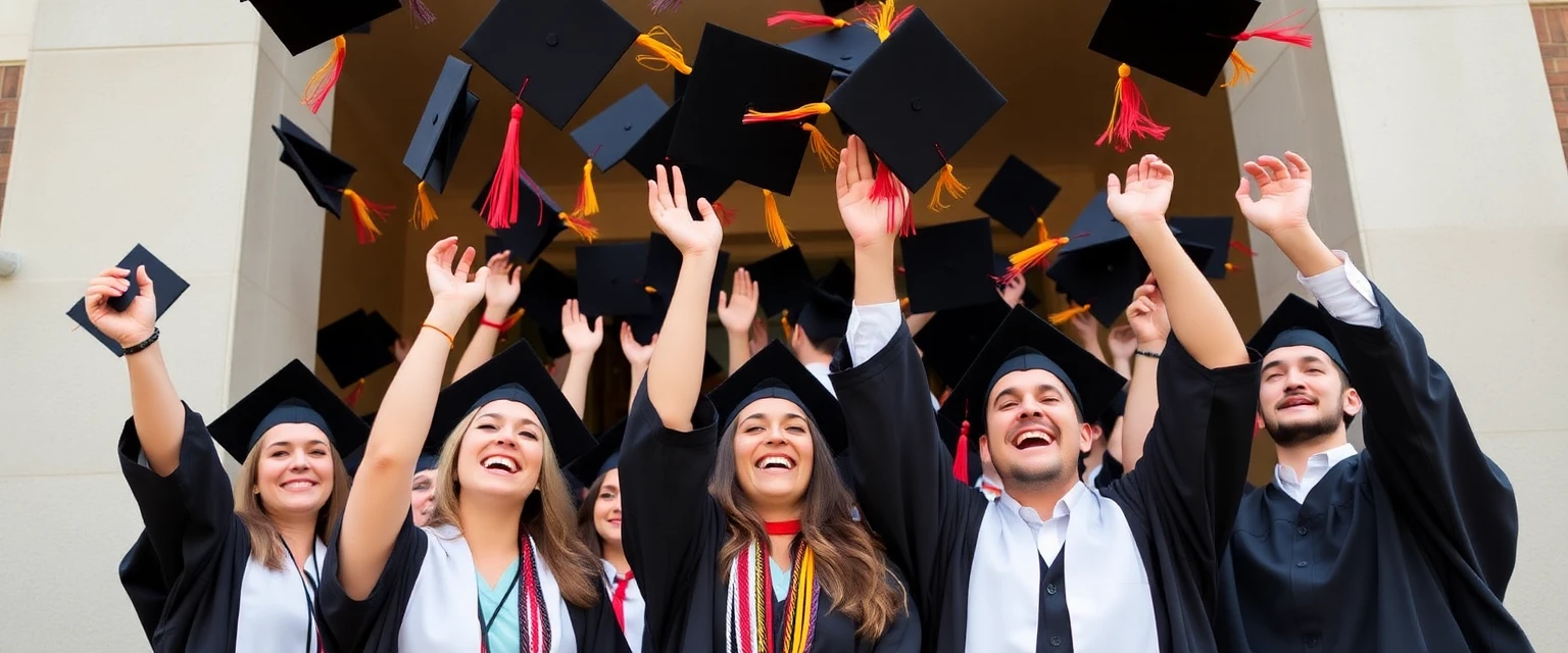 Smiling seminary graduates throwing caps